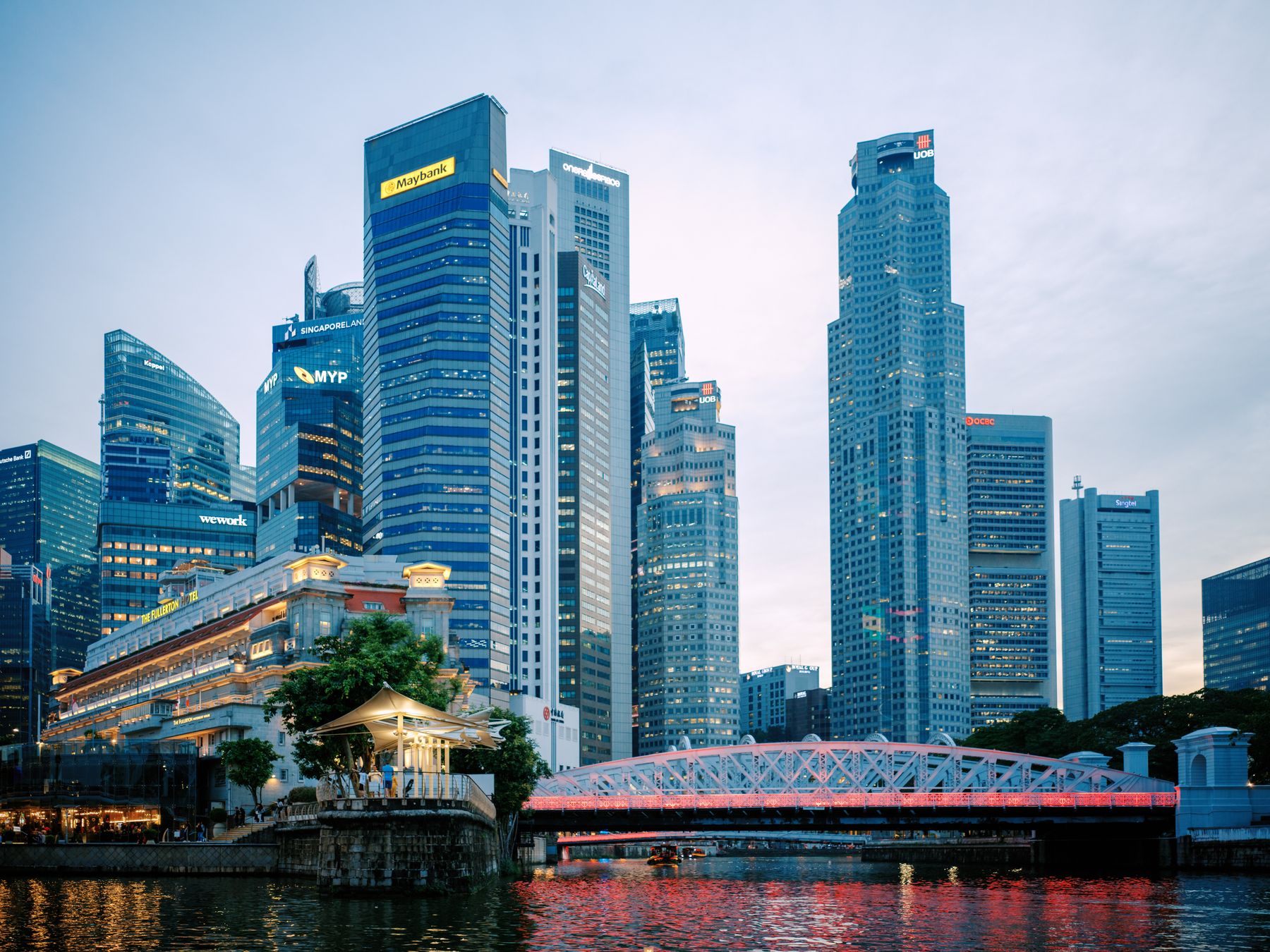 Anderson Bridge and Singapore's central business district beside the Singapore River